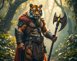 Fierce Tiger Warrior with Ornate Axe in Enchanted Jungle, Fantasy Character Illustration, High-Resolution Digital Artwork