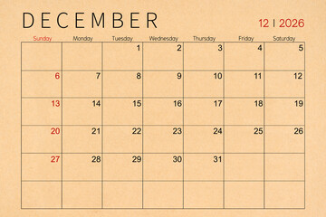 December craft brown paper calendar page for 2026 year.
