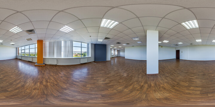 full spherical hdri seamless hdri 360 panorama in interior of work room in modern coworking office empty hall for business meeting in equirectangular projection. AR VR content