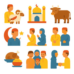 Eid Adha pack set includes diverse Muslim holiday icons for celebrations. Perfect for festive designs, social media posts, and digital content.