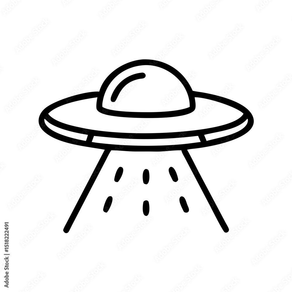 Poster flying saucer hovering above ground. ufo spaceship with beam of light. mysterious hovering object pe
