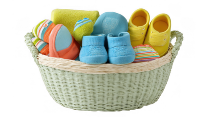 Light green wicker basket is overflowing with colorful baby clothes, shoes, and accessories, suggesting a new arrival or baby shower gift, isolated on a transparent background