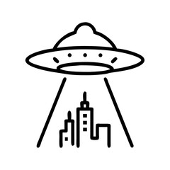 UFO above city skyline. Mysterious spaceship hovering over urban buildings at night.  Alien spacecraft icon for science fiction movie poster, video game design, or website banner.