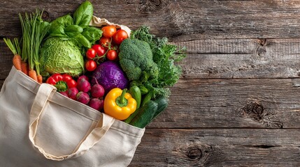 Overflowing reusable bag with fresh colorful produce, celebrating sustainable and healthy living