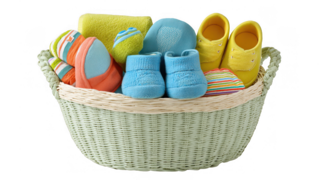 Light green wicker basket is overflowing with colorful baby clothes, shoes, and accessories, suggesting a new arrival or baby shower gift, isolated on a transparent background - Powered by Adobe