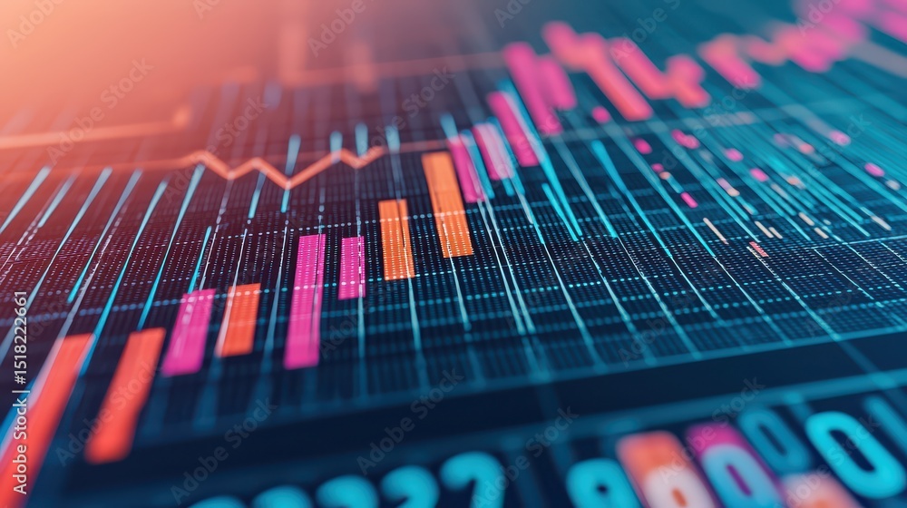 Poster a digital [removed] market chart showing colorful data bars and financial analytics on a glowing scr
