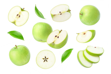 Green apple with slices on transparent background.