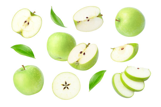 Green apple with slices on transparent background.