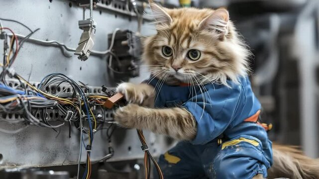 A fluffy cat in a blue jumpsuit appears to repair computer wires, looking focused on the task.