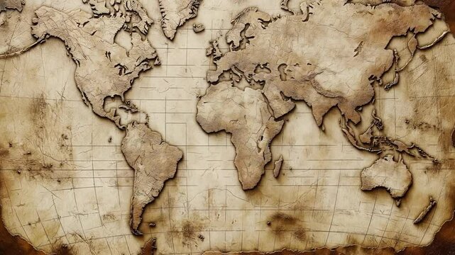 A textured antique world map displays continents etched on aged parchment. Concept of exploration and historical navigation