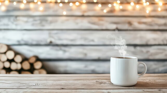 A steaming mug sits on a rustic wooden table, with cozy string lights and stacked firewood in the blurred background.