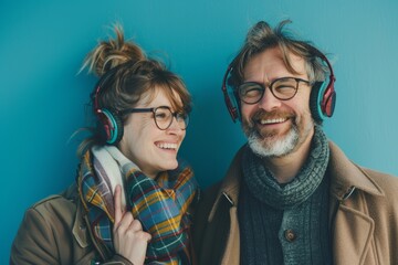 Portrait of a happy caucasian couple in their 40s listening to music