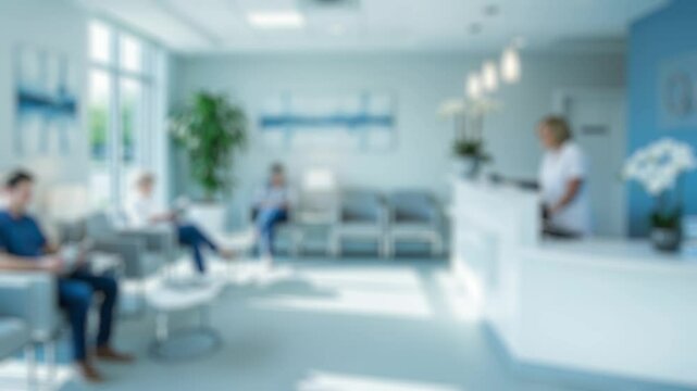 Blurred dental clinic waiting room with patients and receptionist. DEfocused footage suitable for background B-roll
