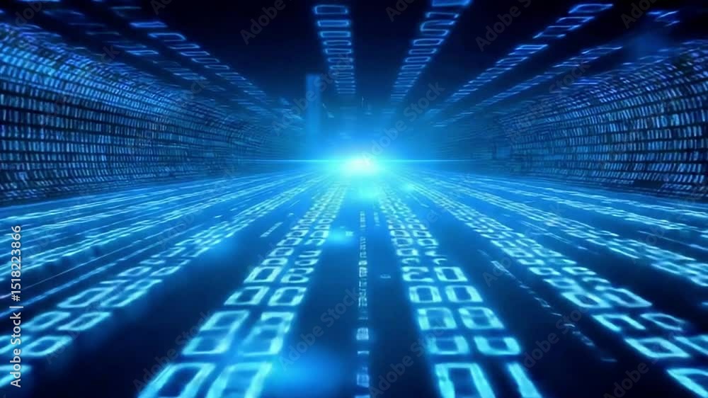 Poster dynamic data stream with glowing binary code and light burst in futuristic blue environment