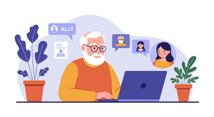 Elderly man using laptop while interacting with online contacts at home  