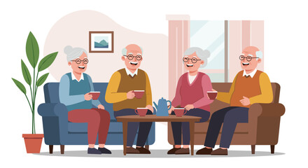 Group of elderly friends enjoying tea while sitting in living room  