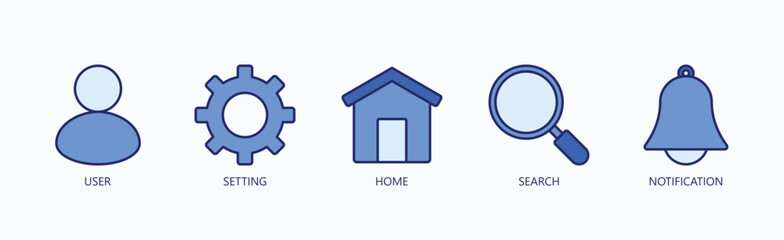 Essential Navigation Icon Set Isolated Vector With Icon Of User, Setting, Home, Search, Notification In Blue Style