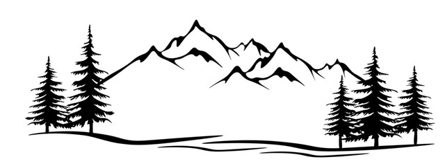 Black silhouette of mountains and fir trees camping adventure wildlife landscape panorama illustration icon vector for logo, isolated on white background.	
