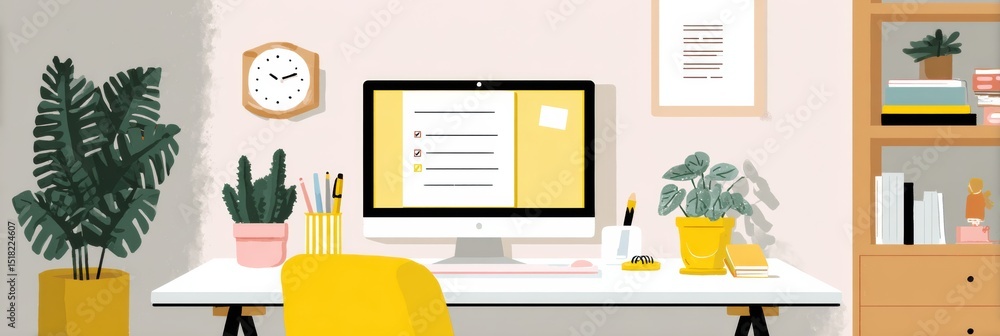 Poster minimalist home office setup featuring a task planner and plants creating a serene workspace environ