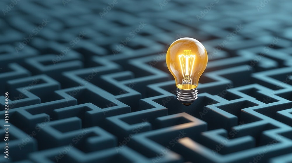 Poster a glowing light bulb piercing through a tangled maze of geometric patterns