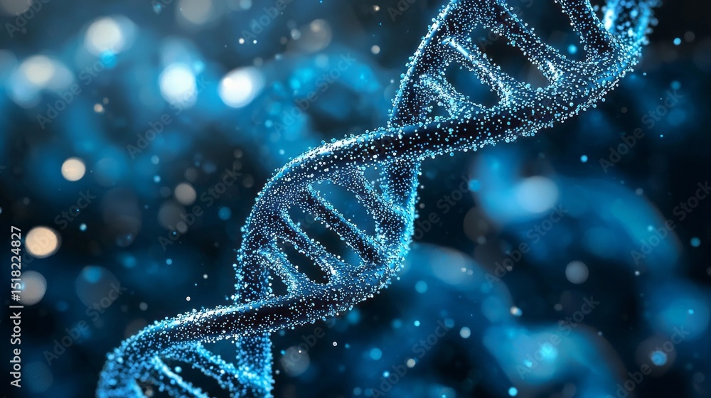 Poster A DNA double helix structure glows with vibrant blue and turquoise particles against a dark background, illustrating the complexity of genetic material in a visually striking way