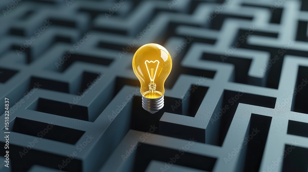 Poster a glowing light bulb shines through the dark winding passages of a challenging maze symbolizing the 