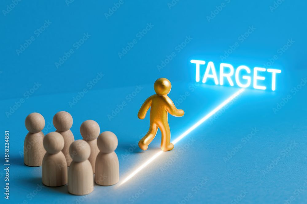 Poster achieving a goal requires focus and progress to move confidently from the group towards a defined ta
