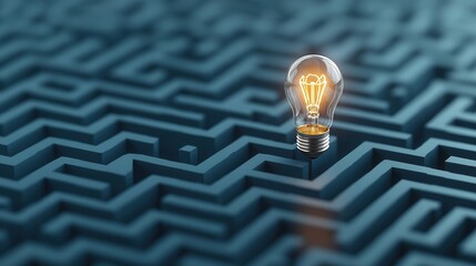 A single glowing light bulb illuminates the center of an intricate winding maze symbolizing the search for solutions and the illumination of ideas within complex challenges
