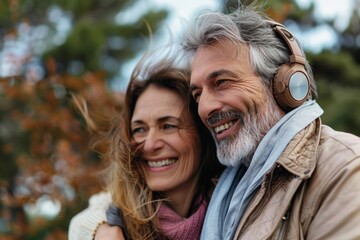 Portrait of a happy caucasian couple in their 40s listening to music