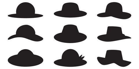 set of vector various style sun hat, beach hat, summer straw hat silhouette	

