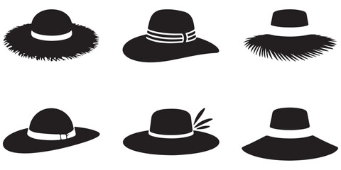 set of vector various style sun hat, beach hat, summer straw hat silhouette	

