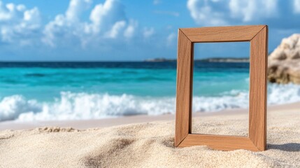 Relaxing beach vibe with wood frame propped in sand and aqua waves in distance