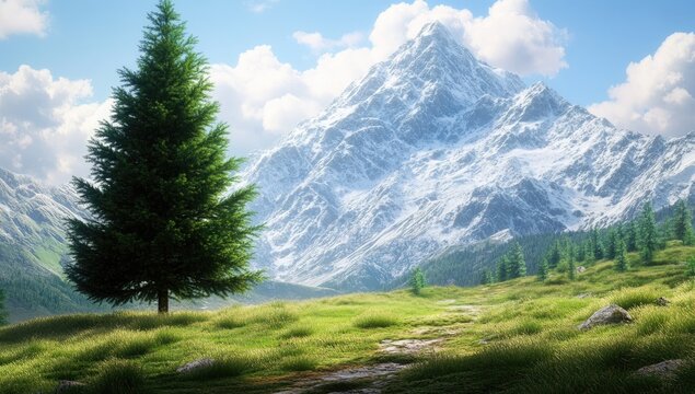 Alpine meadow beneath a snow-capped peak. Lush green grass surrounds a solitary evergreen tree, bathed in sunlight, with a mountain range in the background