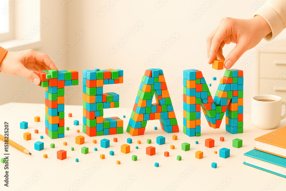 Poster collaboration and build a strong foundation as hands assemble colorful blocks forming the word team 