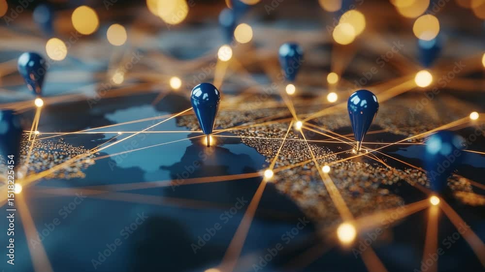 Poster global network connections displaying digital data flow with location pins illuminating cities