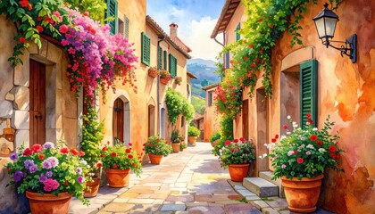 Fototapeta premium A colorful Italian village alley adorned with flowerpots symbolizing rustic charm, cultural heritage, and the timeless appeal of slow travel experiences