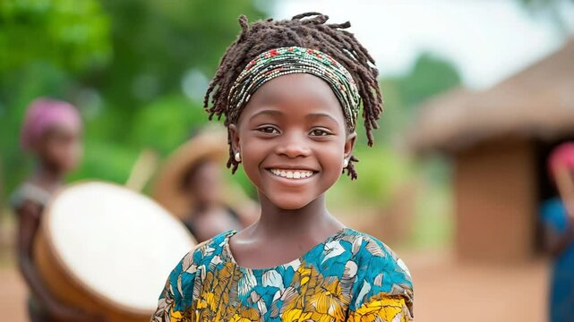 A joyful African girl in colorful attire smiles brightly while villagers play drums behind her. Concept of cultural heritage and childhood happiness