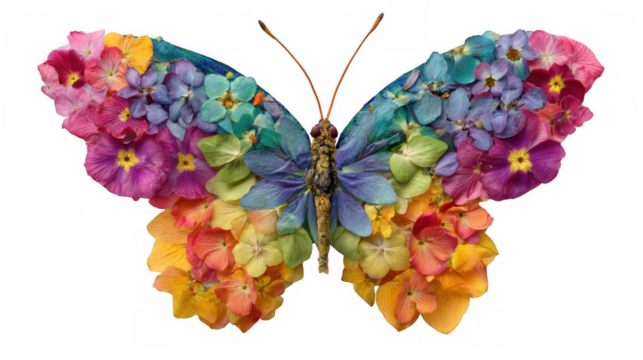 Colorful butterfly is formed from a striking gradient of flower petals, creating a vibrant and artistic composition on a transparent background, perfect for nature inspired designs
