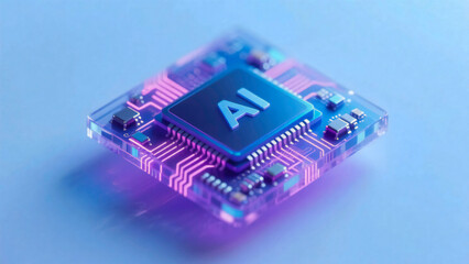 The image shows a close-up of an AI chip, with glowing purple circuitry and the letters "AI" prominently displayed
