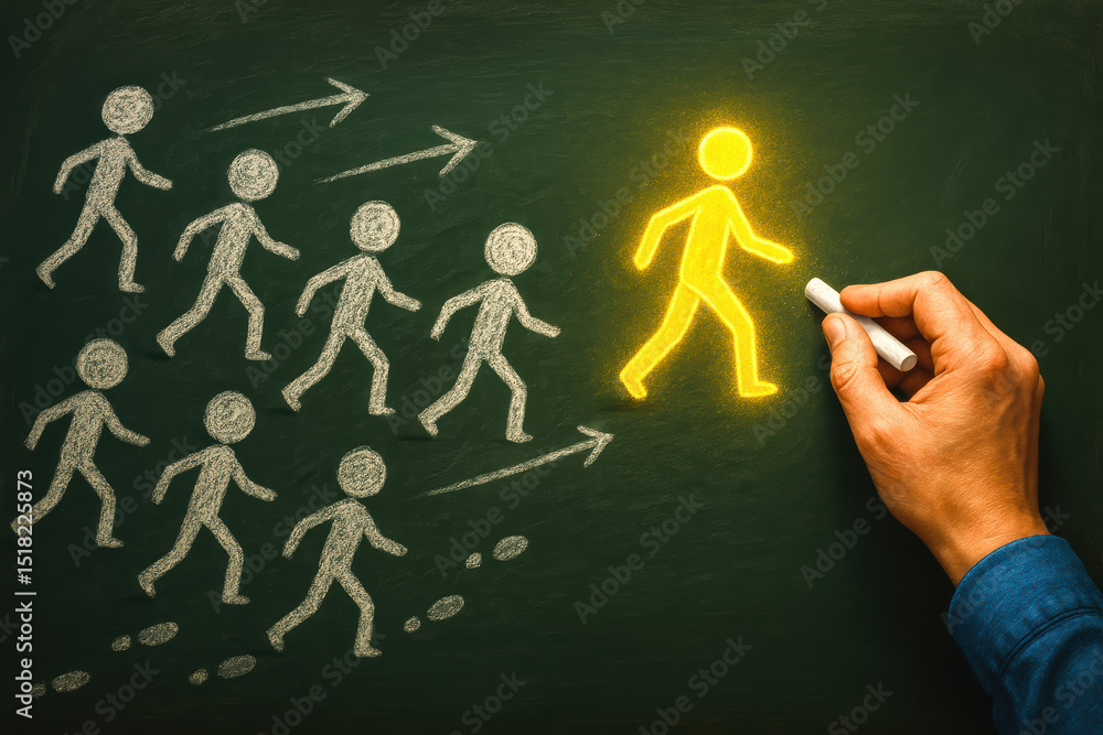Aufkleber a highlighted figure leads a group forward on a chalkboard symbolizing leadership guidance progress 