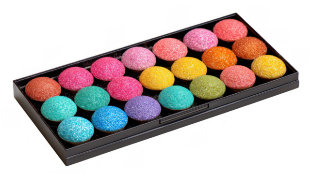Bright, colorful eyeshadow palette with vibrant, glittery shades resembling candy sprinkles, isolated on a transparent background, perfect for beauty and makeup projects