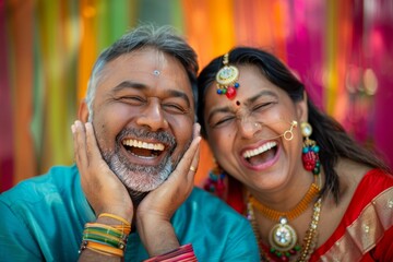 Portrait of a grinning indian couple in their 40s listening to music