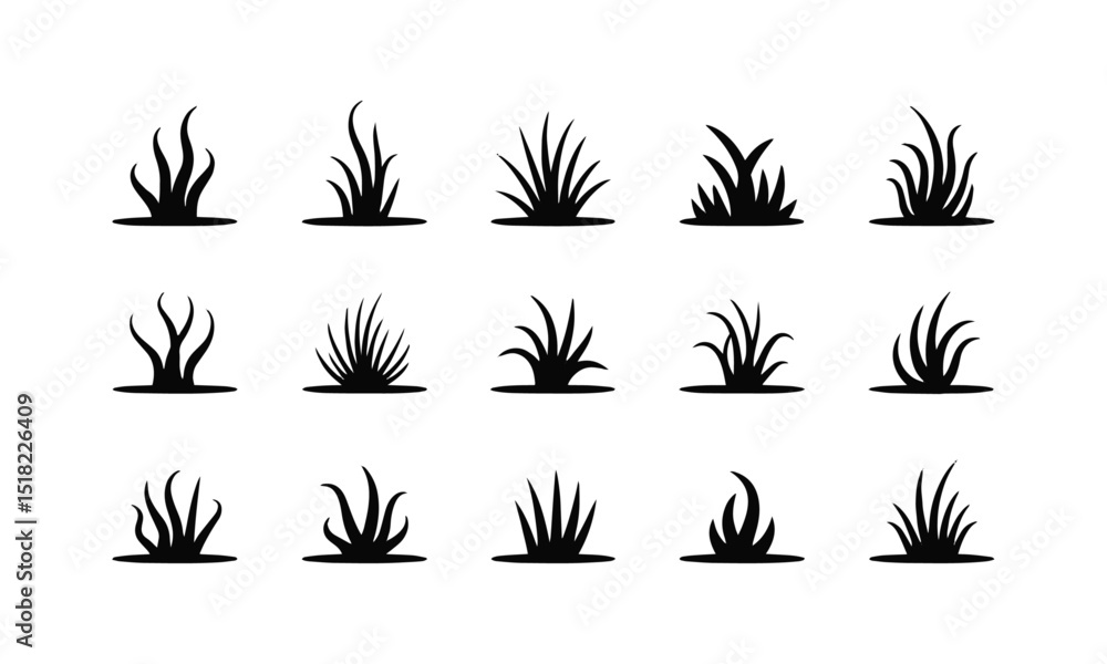 Poster vector illustration featuring a set of abstract grass tufts in a minimalist black line art style, ea
