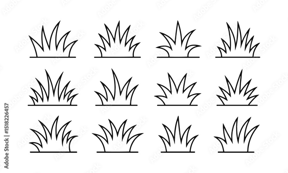 Poster vector illustration featuring a set of abstract grass tufts in a minimalist black line art style, ea