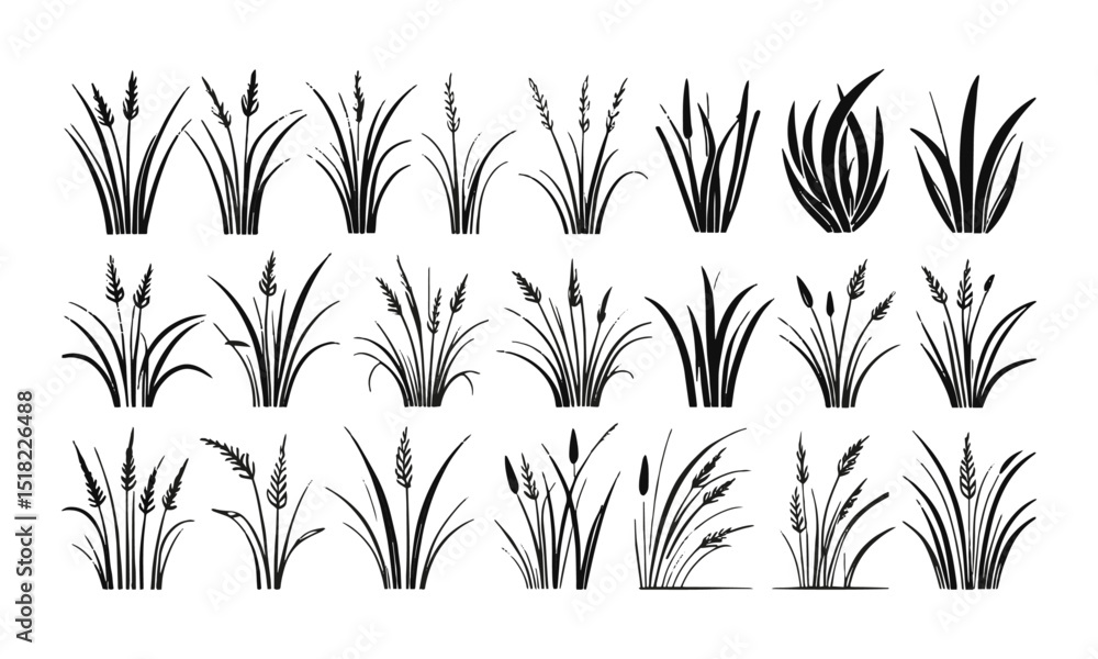 Poster vector illustration featuring a set of abstract grass tufts in a minimalist black line art style, ea