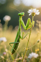 Mantis on Wildflower Stem