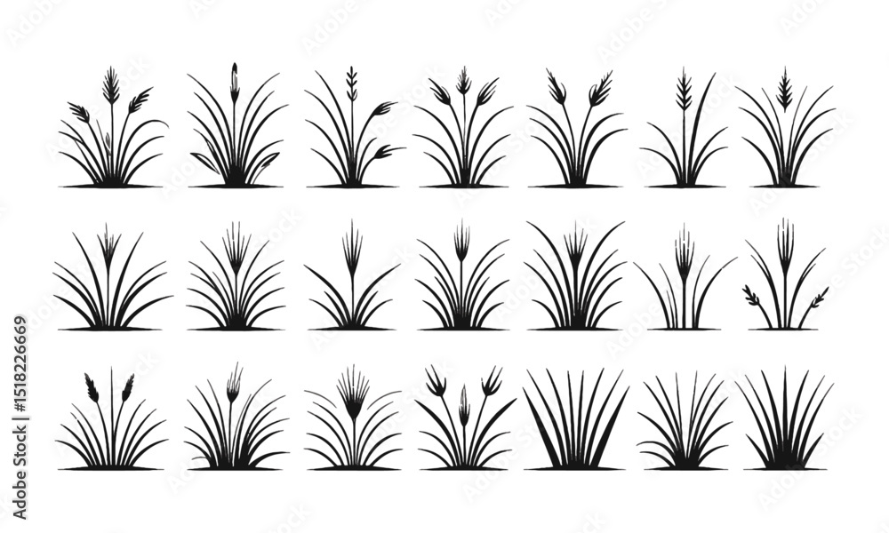 Poster vector illustration featuring a set of abstract grass tufts in a minimalist black line art style, ea