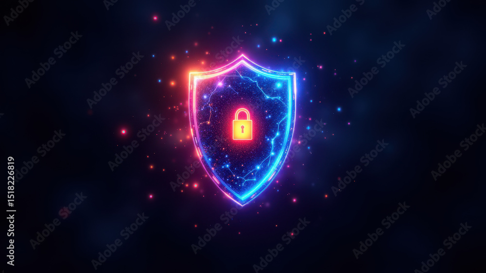 Poster cybersecurity logo with a shield symbolizing protection and encryption.