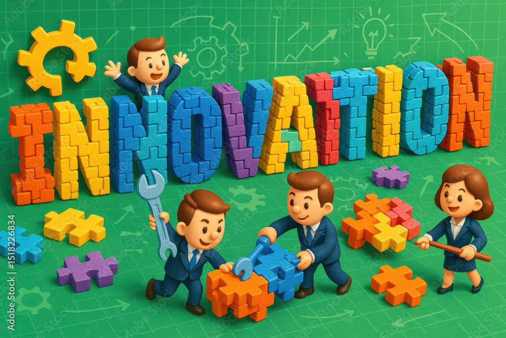 Poster collaboration and creativity drive the continuous process innovation depicted through colorful puzzl
