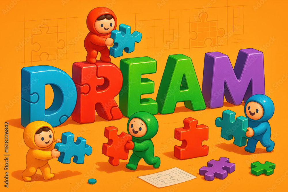 Poster a vibrant scene with interlocking puzzle letters forming a word symbolizes growth creativity teamwor